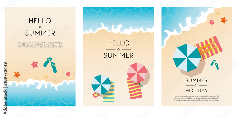 Set of summer travel fliers with beach items and wave. Vector illustration - obrazy, fototapety, plakaty 