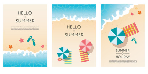set of summer travel fliers with beach items and wave. vector illustration