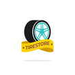 Tire store vector logo template isolated on white background, color tire, wheel with disk with tirestore yellow ribbon symbol, flat tire icon design, creative emblem, trendy brand sign