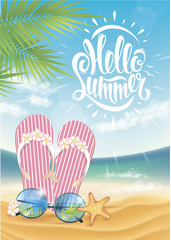 Summer poster, lettering, freehand drawing, beach, sun, glasses, reflection, glasses, vector summer, sand, beach, word composition