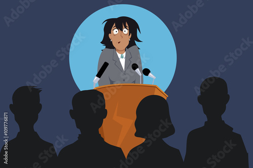 Fotografie, Tablou Terrified female speaker on a stage in front of the audience, EPS 8 vector illus