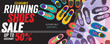Running Shoes Sale 6250x2500 pixel Banner Vector Illustration.