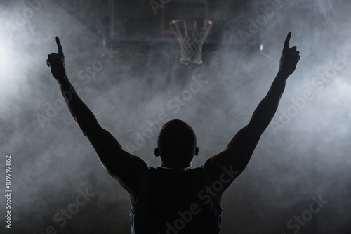 Fotomural Vista trasera de un jugador de baloncesto con sus brazos en el aire
