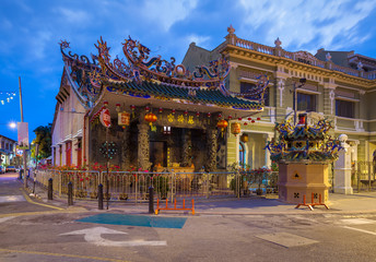 Dusk view of the Choo Chay Keong Temple adjoined to Yap Kongsi clan house, Armenian Street, George Town, Penang, Malaysia.