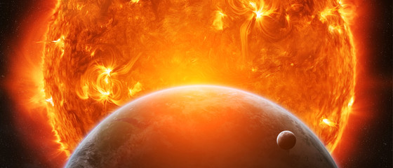 Wall Mural - exploding sun in space close to planet earth and moon
