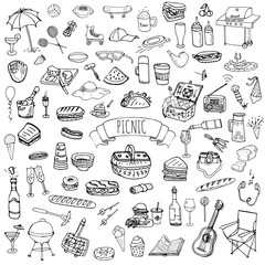 Hand drawn doodle Picnic icons set Vector illustration barbecue sketchy symbols collection Cartoon bbq concept elements Summer picnic Umbrella Guitar Food basket Drinks Wine Sandwich Sport activities