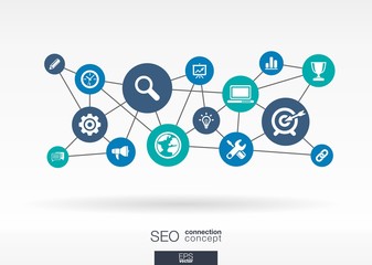 seo network. growth abstract background with lines, circles, integrate flat icons. connected symbols