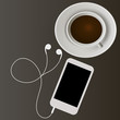 Слушать музыку, мобильный телефон смартфон мп3 плеер и наушники, чашка крепкого вкусного кофе американо и блюдце, реалистичный вектор 