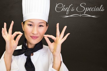 Composite image of woman chef satisfying