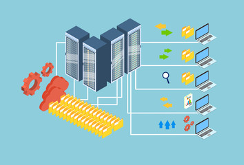 Wall Mural - data exchange laptop computer database cloud storage 3d isometric design