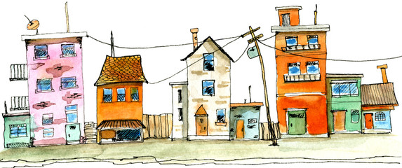 Street scene in old town with colorful childish building. Watercolor illustration of cute houses on white background.