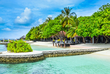 Poster - beauty of exotic island - maldives. Relax under umbrella