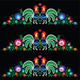 Polish folk art embroidery with roosters - traditional folk pattern - Wzory Lowickie on black 