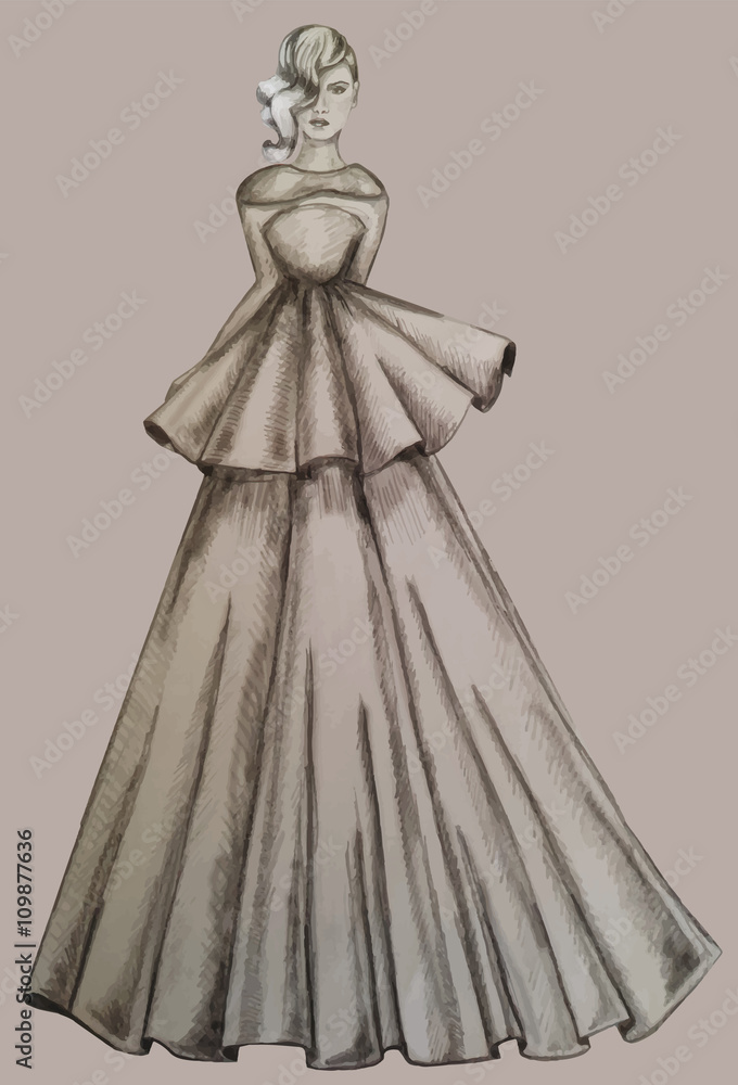 drawings of ladies in dresses Beautiful lady in red dress. Ink and watercolor drawing Stock Photo
