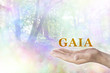 GAIA Philosophy - male hand palm up with a gold GAIA word floating above and a rainbow colored bokeh effect woodland scene behind