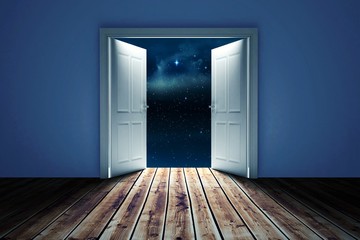 Wall Mural - Composite image of door opening in dark room to show sky