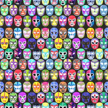 Luchador Or Fighter Mask Set. Seamless Pattern With Hand-drawn Lucha Libre - Free Fight - Masks - Helmets On The White Background. Real Watercolor Drawing.