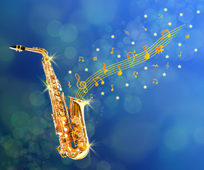 Canvas Print - Golden saxophone with notes coming out against blue background