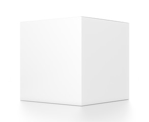 White cube blank box from side angle. 3D illustration isolated on white background.