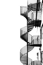 Spiral Staircase For Fire Escape, Black And White Image.