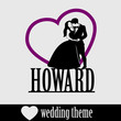 Wedding Couple Cake topper isolated vector on white. Black silhouette groom and bride with big heart background.