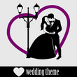 Wedding Couple isolated vector on white. Black silhouette groom and bride with big heart and vintage street lamp background.