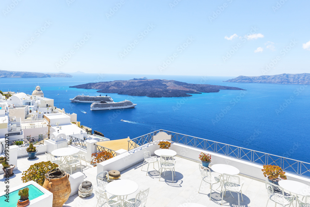 Sea view and boats, Santorini, Greece - obrazy, fototapety, plakaty 