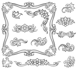 Canvas Print - vintage floral engraving decor elements. leaf scroll ornament and page decoration, corners ornament 