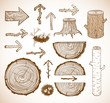 Sketches of wood cuts, logs, stump and wooden arrows on vintage background