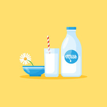 Milk Bottle And Milk Glass. Healthy Eating Concept For Graphic A