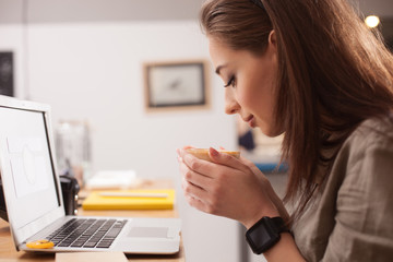 Sticker - Cute lady is enjoying hot drink