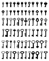 Set of black silhouettes of door keys, vector