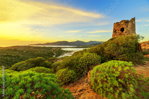 Susnet over old tower with a panoramic view of Villasimius, Sardinia Canvas Print