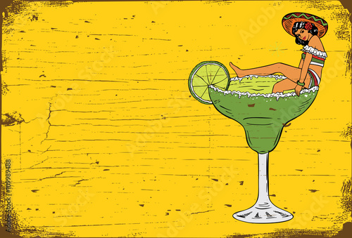 Fotografie, Obraz Vintage Margarita Bar Sign, Illustration of Mexican woman in a margarita glass