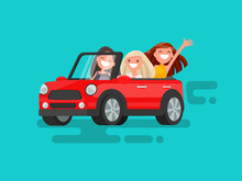 Three Girlfriends Are Riding To A Gig. Vector Illustration