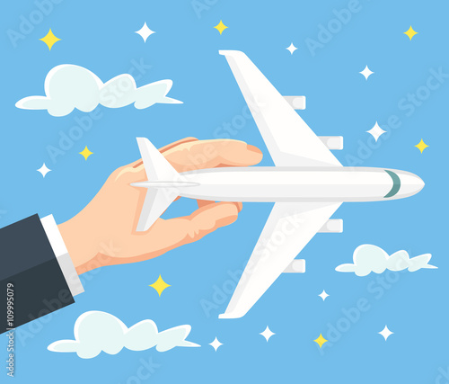 Hand Holds Airplane Banner Of Travel By Airplane Vector Flat