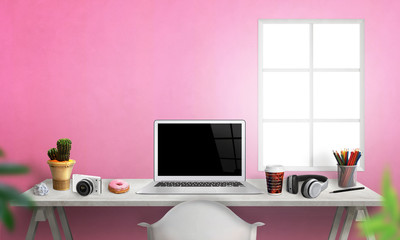 Wall Mural - Laptop on office desk. Plant, camera, paper, pens, coffee, donut, headset on table. Pink wall in background.