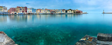 Picturesque Panoramic View Of Old Harbour Of Chania With Lighthouse In The Morning, Crete, Greece