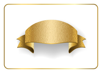 Wall Mural - Gold foil empty ribbon. Golden blank banner. Design decoration element, isolated on white background. Vintage retro style. Template flag, greeting, card. Symbol guarantee product. Vector illustration.