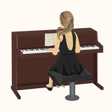 Back View Of Young Woman Playing Brown Upright Piano