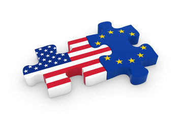 Wall Mural - US and EU Puzzle Pieces - American and European Flag Jigsaw 3D Illustration