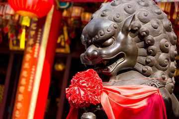 Canvas Print - Chinese lion statue in front of chinese temple