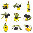Spanish black olive fruits and oil bottles icons