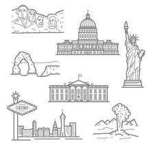 National Landmarks Of USA Icons In Thin Line Style