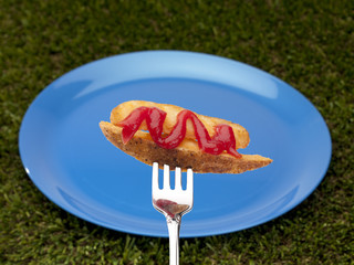 Poster - potato strip with ketchup in a fork with blue saucer