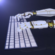 high-tech robot hands typing on a computer, or hack into the system, side view. 3d render. light