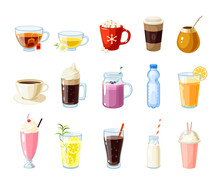 Set Of Cartoon Food: Non-alcoholic Beverages - Tea, Herbal Tea, Hot Chocolate, Latte, Mate, Coffee, Root Beer, Smoothie, Juice, Milk Shake, Lemonade And So. Vector Illustration, Isolated On White.