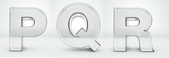 Transparent letters P, Q, R. Glass alphabet 3d render. Path save.