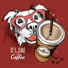 The Poster With A Picture Of The Dog Portrait In The Glasses And Coffee In A Plastic Cup. Vector Illustration.