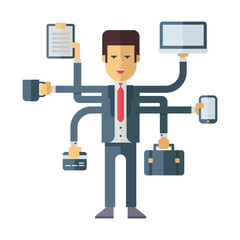 busy businessman multitasking. flat vector illustration isolated on white background